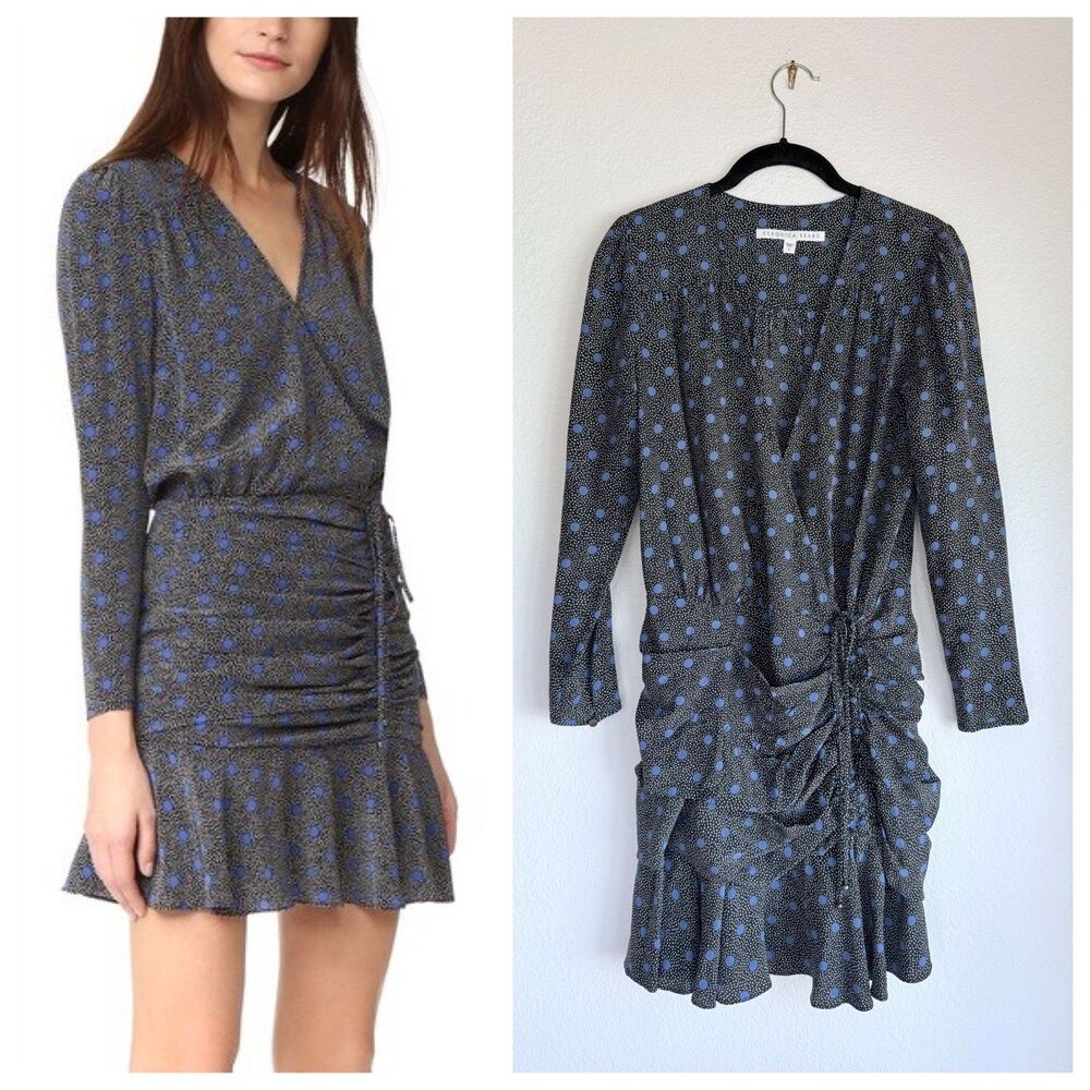 NWOT Veronica Beard 100% Silk Lou Lou Ruched Dress in Black & Blue Polka Dot 2
